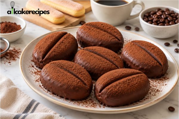 Coffee Bean Tiramisu Recipe featuring homemade chocolate-coated coffee bean desserts dusted with cocoa powder on a ceramic plate