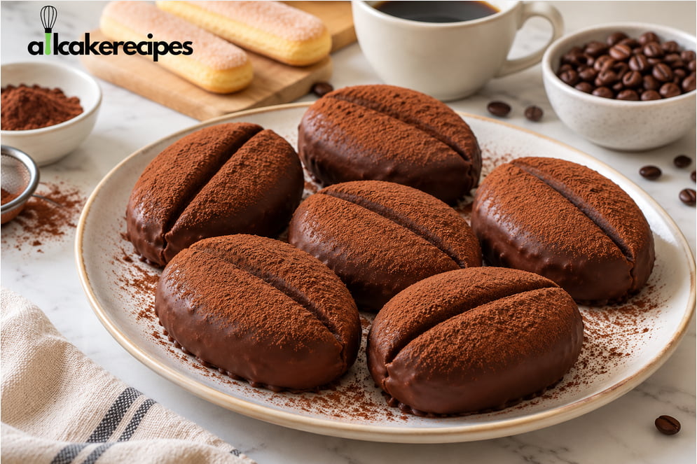 Coffee Bean Tiramisu Recipe featuring homemade chocolate-coated coffee bean desserts dusted with cocoa powder on a ceramic plate