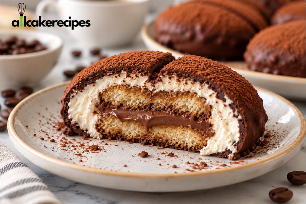 Coffee Bean Tiramisu Recipe cut in half, showing coffee-soaked ladyfinger biscuits, chocolate hazelnut filling, mascarpone cream, and a cocoa-dusted chocolate shell.