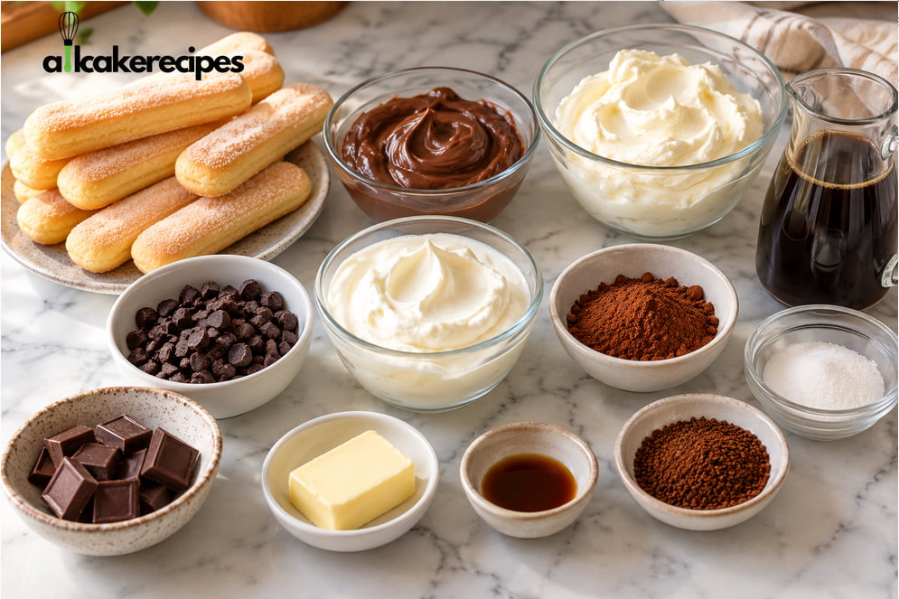 Ingredients for Coffee Bean Tiramisu Recipe arranged on a kitchen countertop, including ladyfingers, mascarpone, chocolate, coffee, cream, sugar, and cocoa powder.