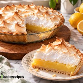 Homemade lemon meringue pie with golden toasted meringue, creamy lemon filling, and a slice served on a floral plate.