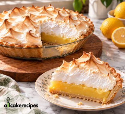 Homemade lemon meringue pie with golden toasted meringue, creamy lemon filling, and a slice served on a floral plate.