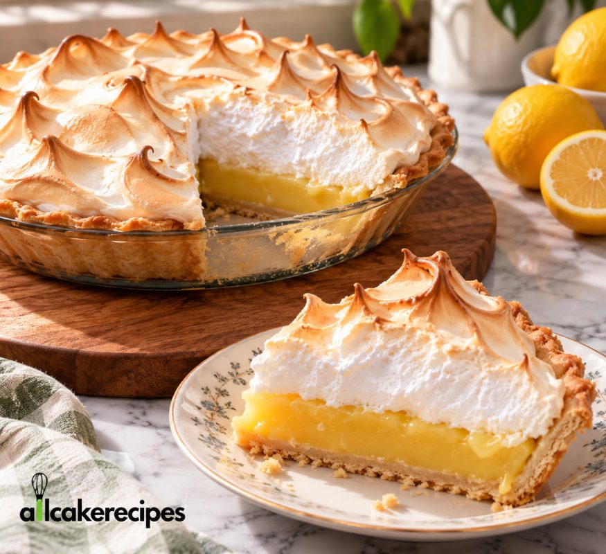 Homemade lemon meringue pie with golden toasted meringue, creamy lemon filling, and a slice served on a floral plate.