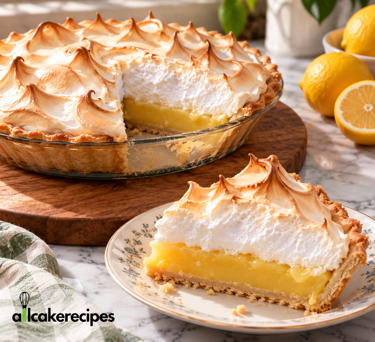 Homemade lemon meringue pie with golden toasted meringue, creamy lemon filling, and a slice served on a floral plate.