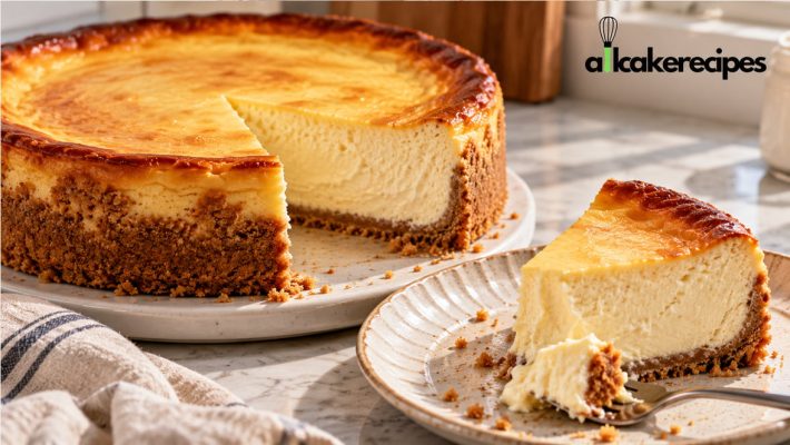Homemade New York cheesecake with a golden baked top, rich creamy filling, and graham cracker crust, with one slice served on a plate.