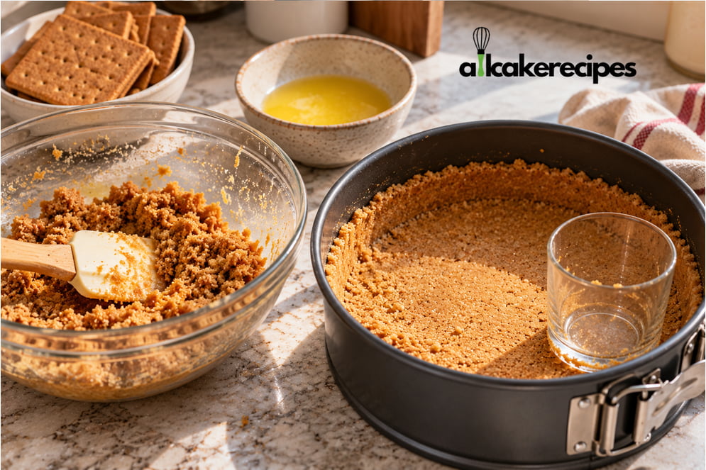Graham cracker crumbs and melted butter pressed into a springform pan for New York cheesecake