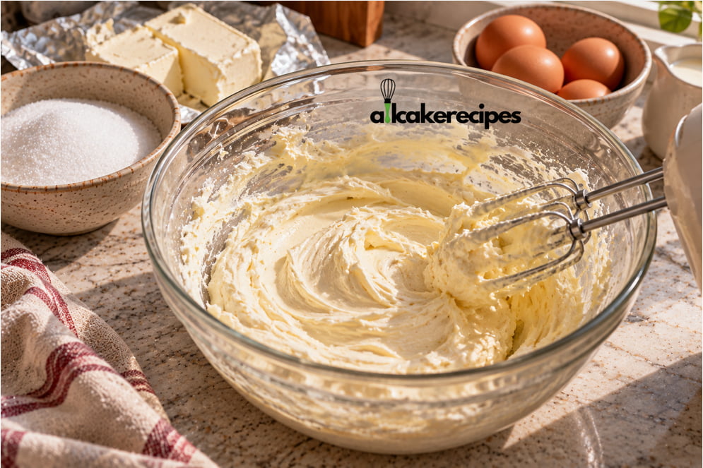 Cream cheese mixture being beaten until smooth in a glass bowl for homemade New York cheesecake