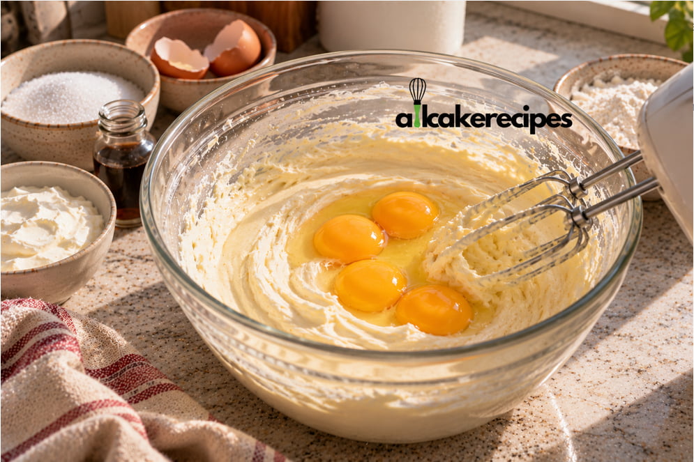 Four eggs added to creamy New York cheesecake batter in a mixing bowl