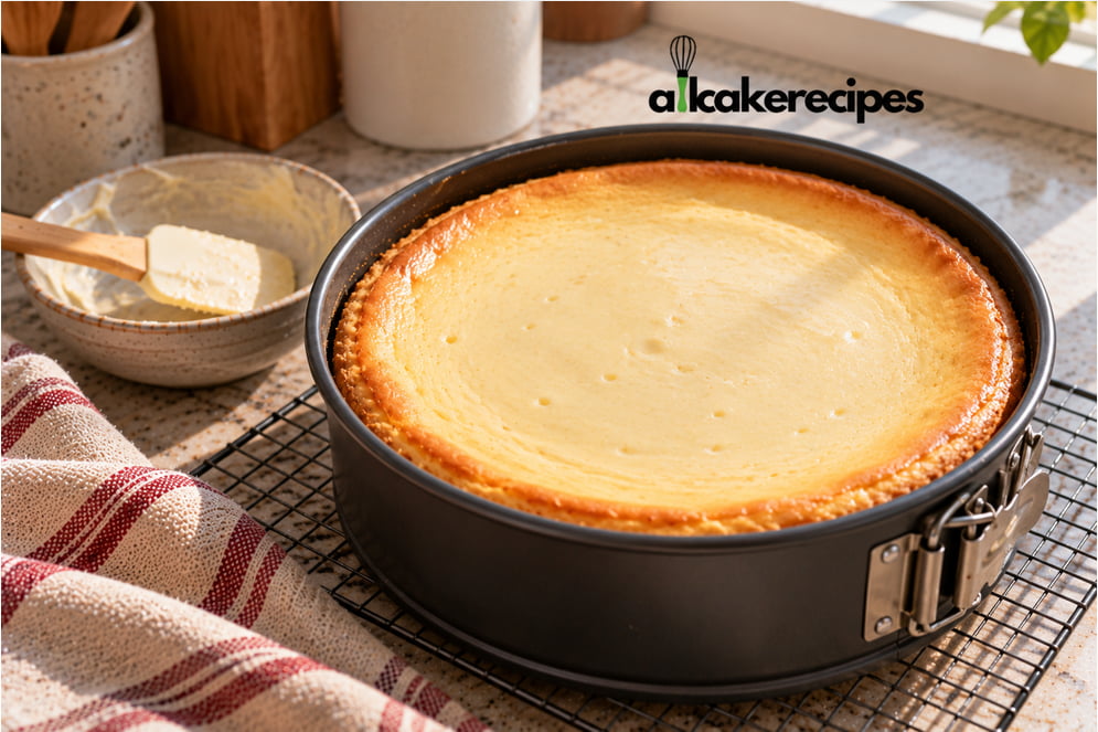 Freshly baked golden New York cheesecake cooling in a springform pan on a wire rack