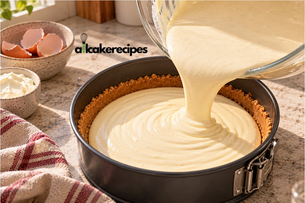 Creamy New York cheesecake filling poured over a graham cracker crust in a springform pan