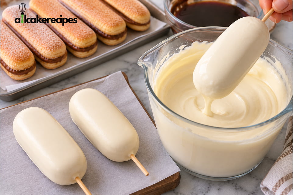 Chilled chocolate-filled ladyfinger sandwich dipped into smooth mascarpone cream for Coffee Bean Tiramisu Recipe.