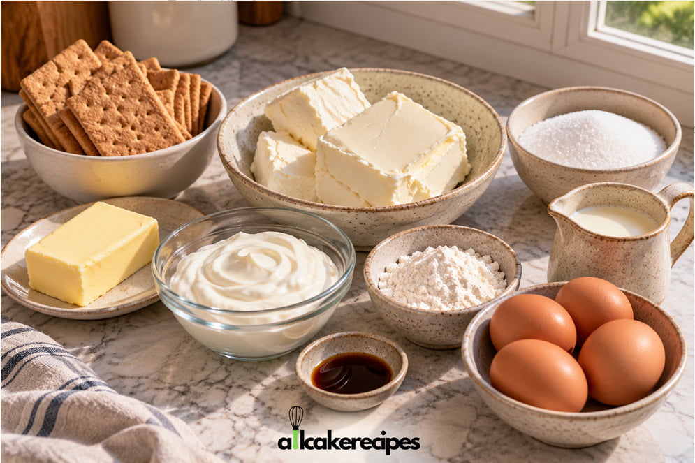 New York cheesecake ingredients including cream cheese, four eggs, graham crackers, sugar, butter, sour cream, flour, milk, and vanilla extract