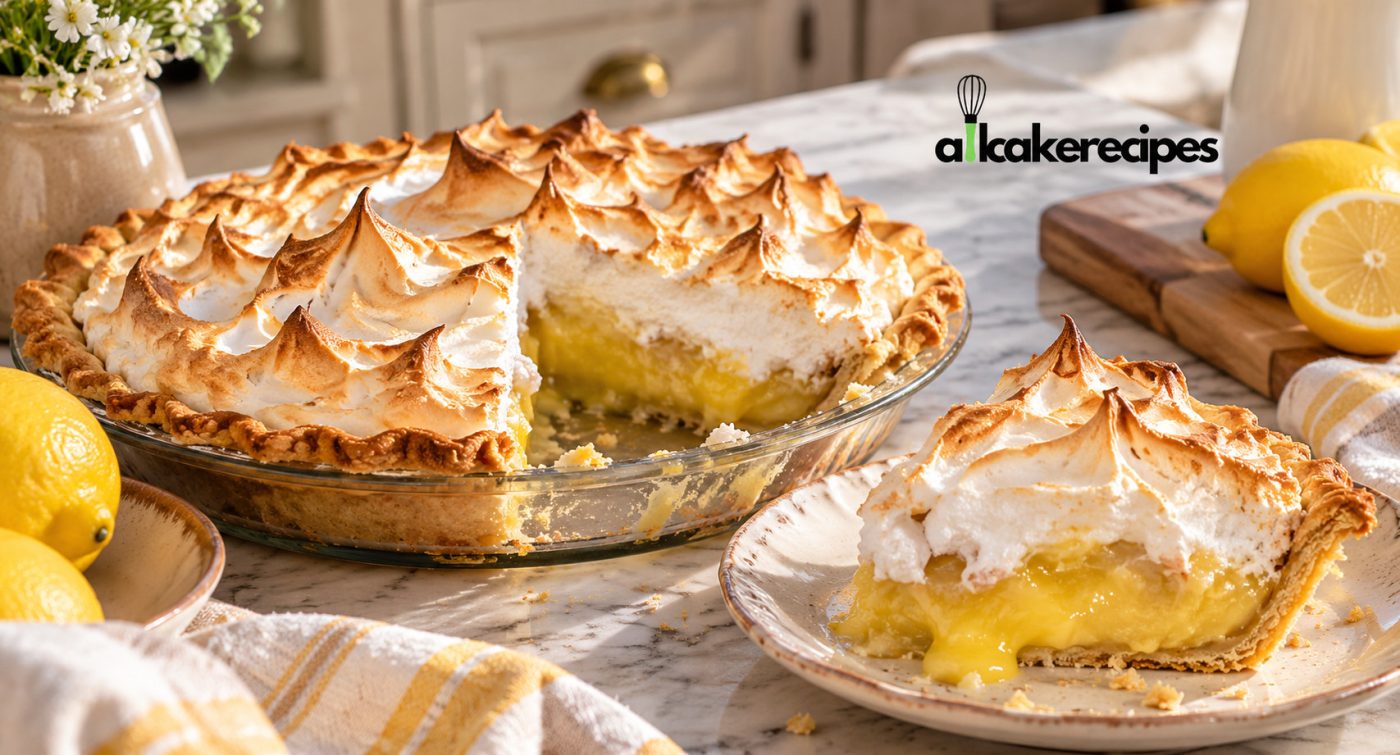 Homemade lemon meringue pie recipe with golden toasted meringue and creamy lemon filling
