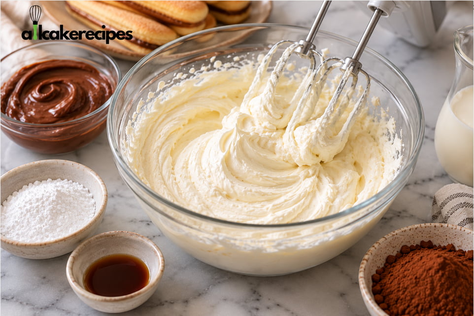 Whipping mascarpone cheese, heavy cream, powdered sugar, and vanilla in a glass bowl for homemade Coffee Bean Tiramisu Recipe.