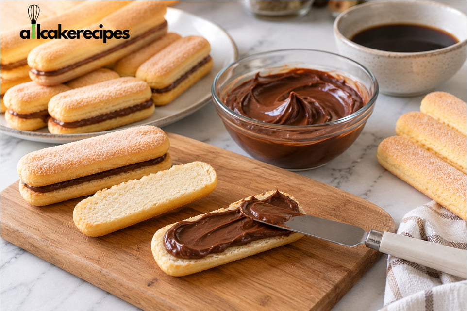 Spreading chocolate hazelnut filling between ladyfinger biscuits to prepare homemade Coffee Bean Tiramisu Recipe desserts.