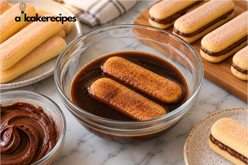 Ladyfinger biscuits soaking in strong brewed coffee in a glass bowl for homemade Coffee Bean Tiramisu Recipe.